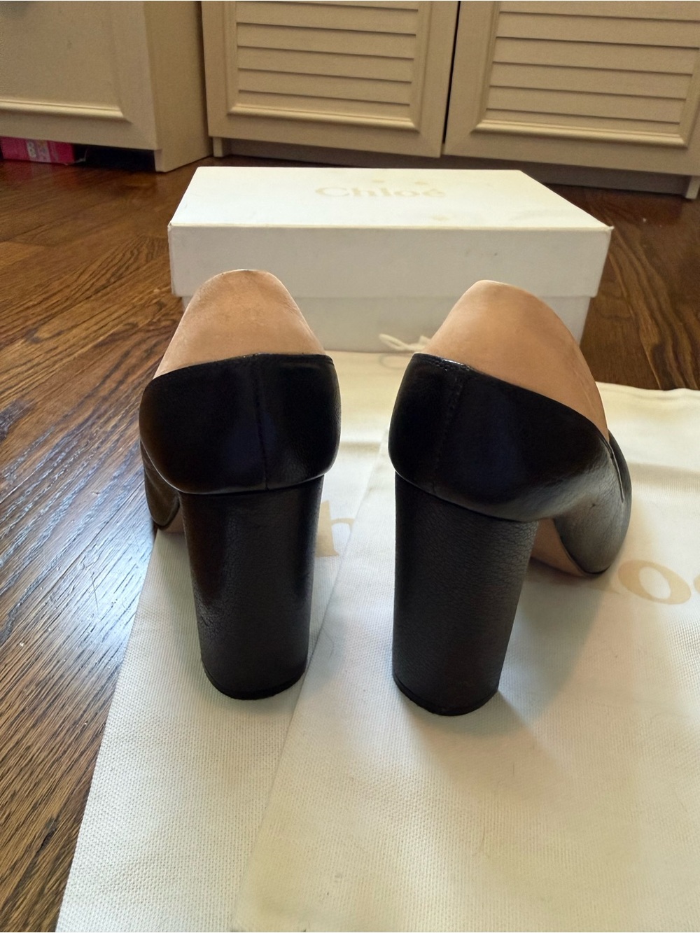 Chloe Two-Tone Black and Nude Block Heel Pumps